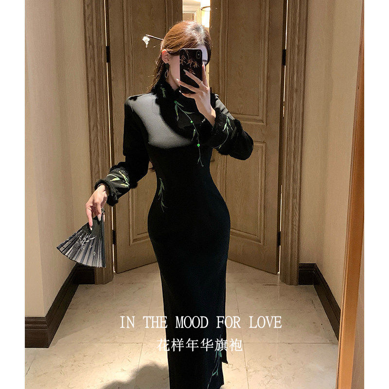 四小姐花样年华旗袍新中式黑色连衣裙长袖冬季加厚高端礼服女