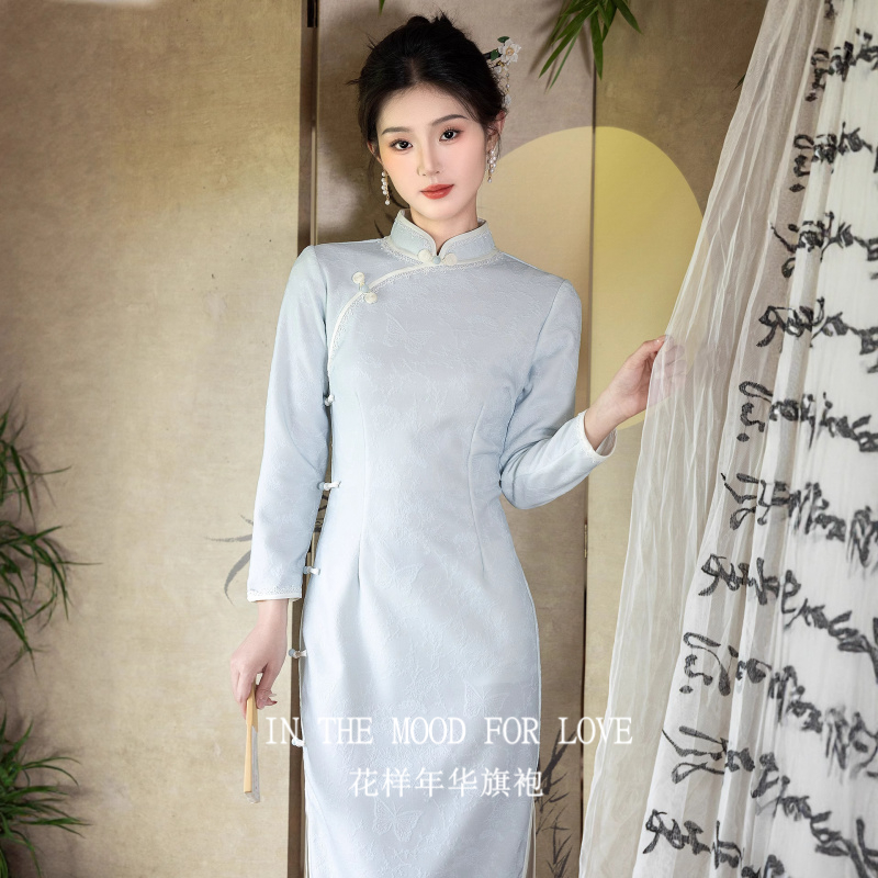 四小姐花样年华旗袍新中式年轻款蓝色淑女长袖秋季日常修身连衣裙