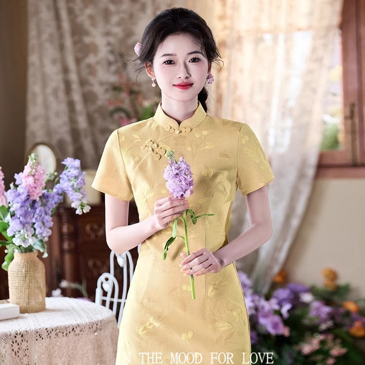 四小姐花样年华旗袍小个子黄色短款气质少女连衣裙夏季改良棉麻