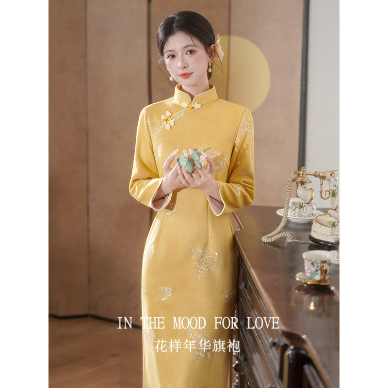 四小姐花样年华旗袍黄色国风中式秋新中式长袖改良复古修身连衣裙
