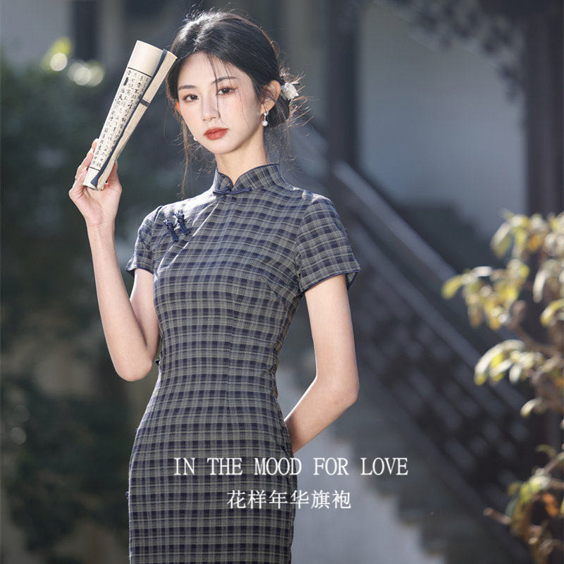 四小姐蓝格旗袍复古文艺风