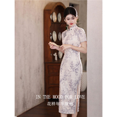 显瘦气质连衣裙 修身 四小姐花样年华旗袍水墨花卉短袖 女中长款