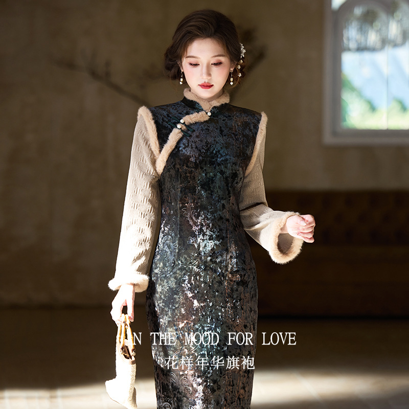 四小姐花样年华旗袍绒拼接长袖冬季加绒保暖日常改良款连衣裙