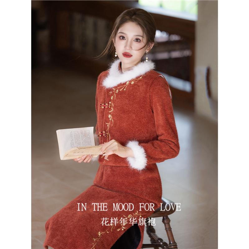 新中式国风套装砖红加绒