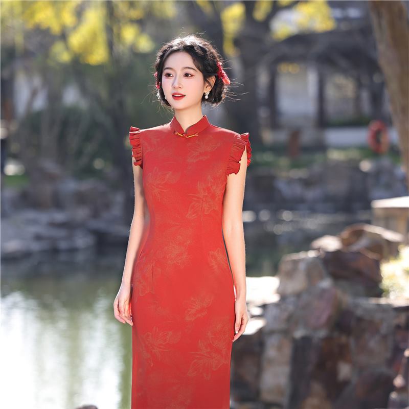 四小姐花样年华旗袍红色新中式敬酒服新娘礼服立领荷叶袖高端气质
