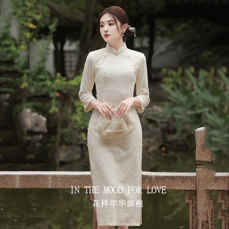 四小姐花样年华旗袍白色冬装加绒加厚国风中式长款长袖女秋冬
