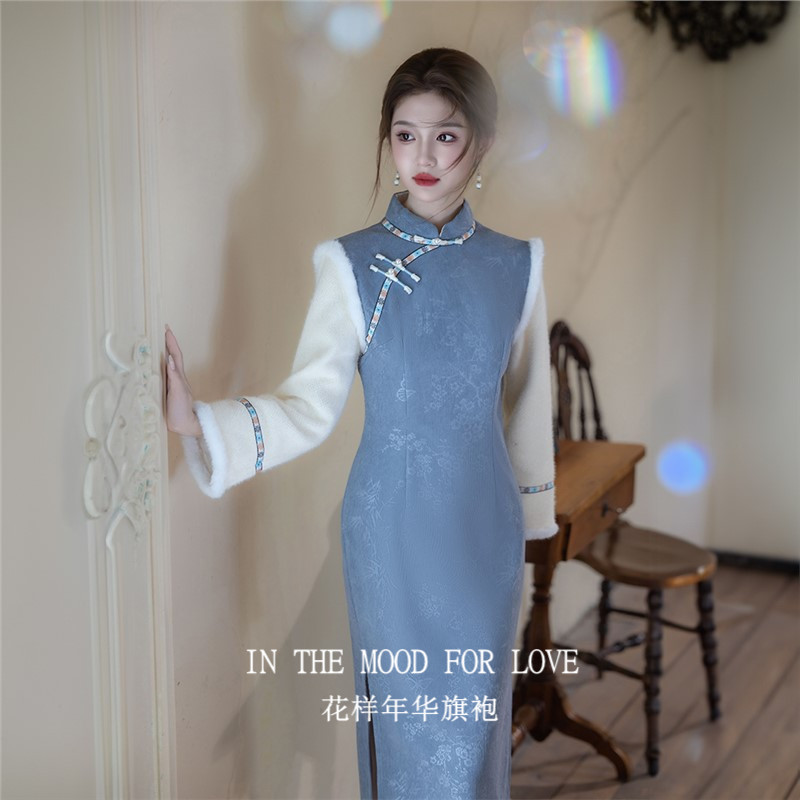 四小姐花样年华旗袍女新中式年轻款日常冬装蓝色长袖冬天加厚