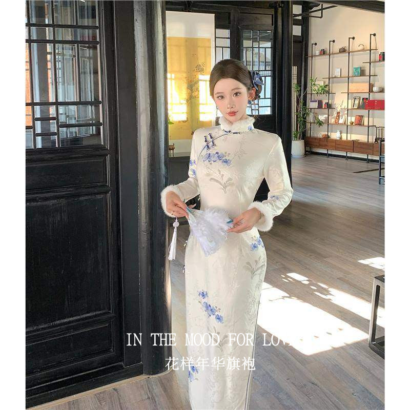 四小姐花样年华旗袍白色青花瓷加绒加厚秋冬女新中式长袖连衣裙