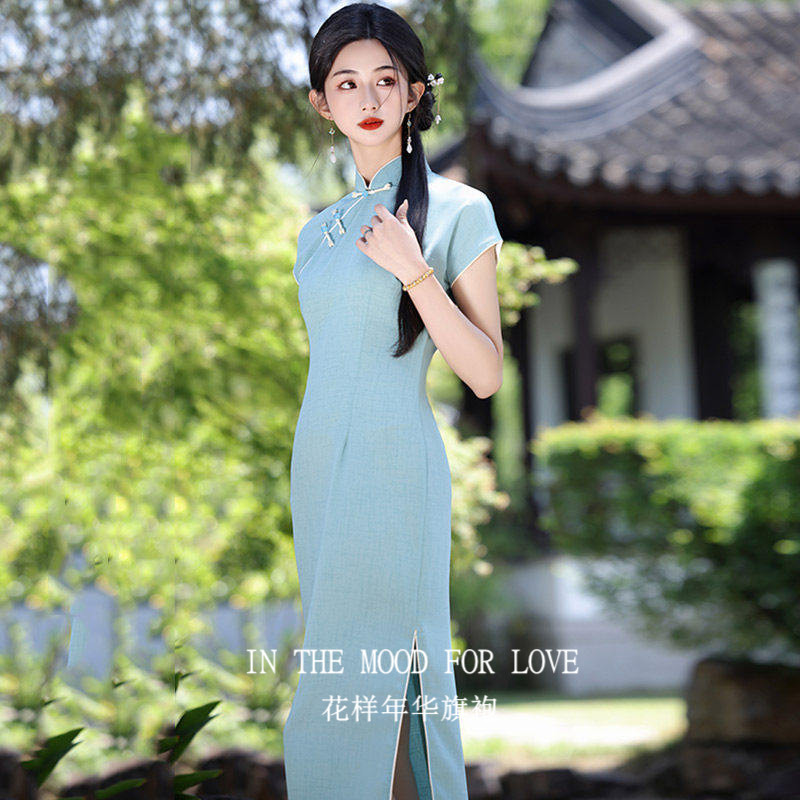 四小姐花样年华旗袍蓝色国风长款改良2026新款女复古修身短袖夏季