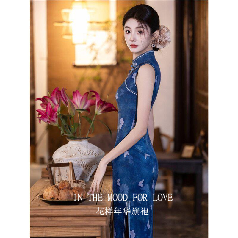 四小姐旗袍蓝色蝴蝶印花