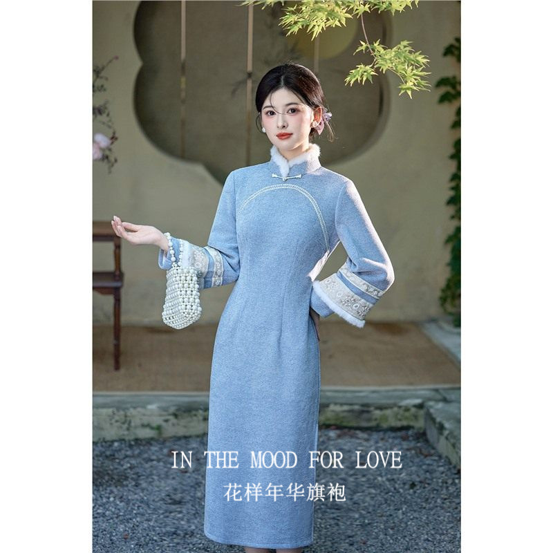 四小姐花样年华旗袍新中式长袖蓝色连衣裙高端加绒冬装小个子
