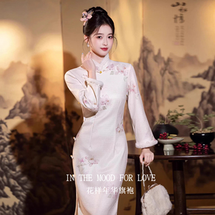 四小姐花样年华旗袍订婚冬装加绒加厚印花连衣裙高端女装新中式