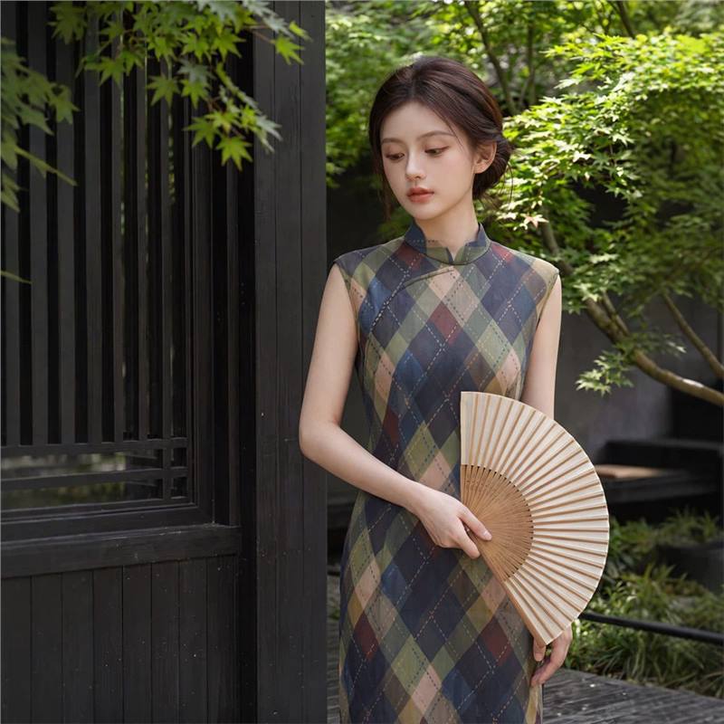 四小姐花样年华旗袍格子网纱印花夏长版女2026夏新款少女无袖年轻