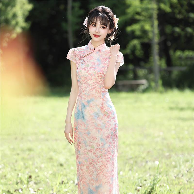 四小姐花样年华旗袍新中式国风淑女范年轻款掐腰瑞士网夏季粉色日