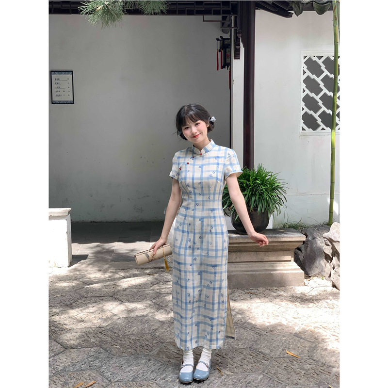 四小姐花样年华旗袍海蓝小格改良气质少女款日常通勤新中式连衣裙