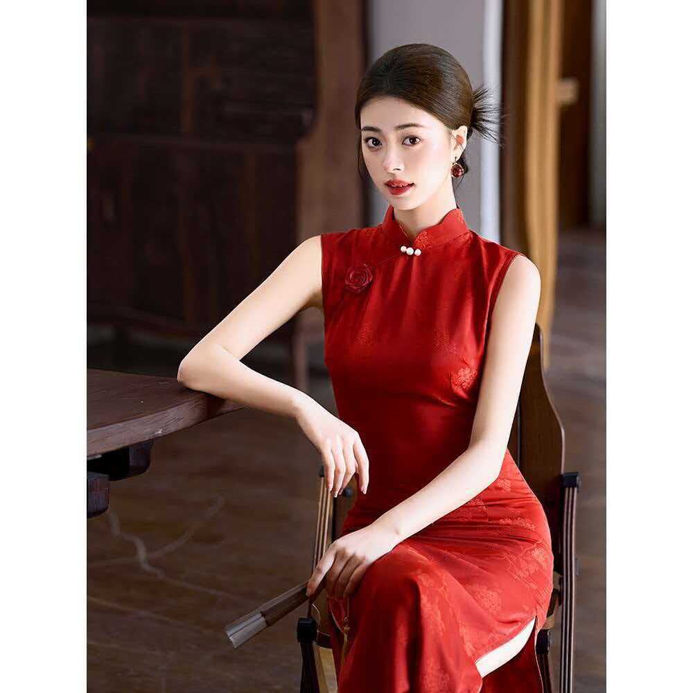 四小姐花样年华旗袍红色无袖修身显瘦新中式订婚结婚礼服洋装