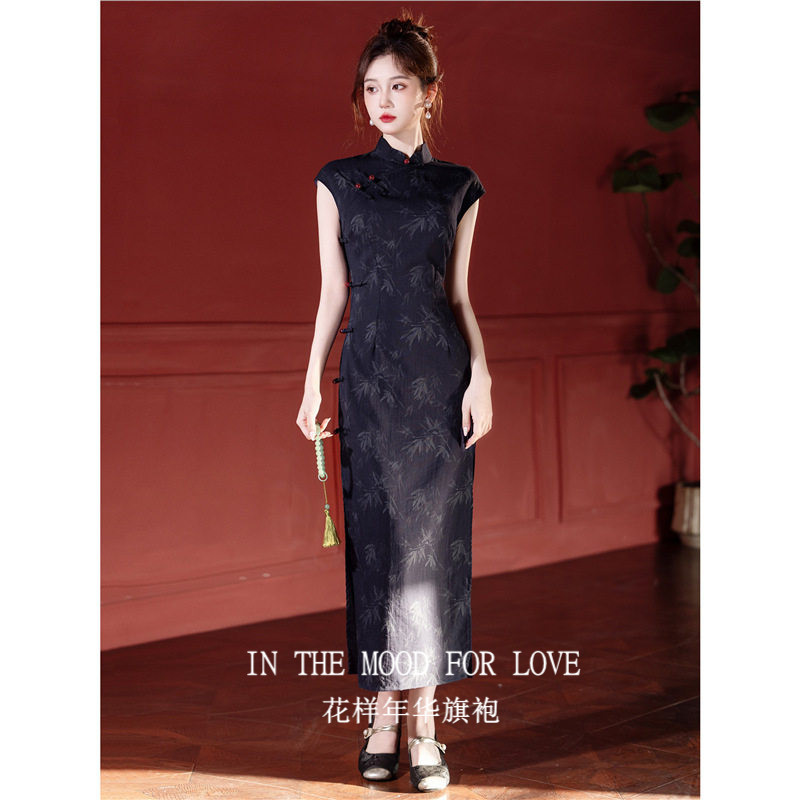 四小姐花样年华旗袍蓝色2026少女改良年轻款新中式竹叶印花连衣裙