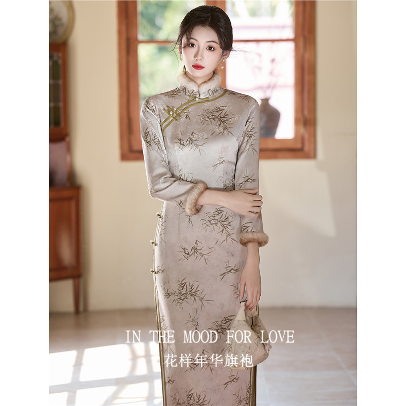 四小姐花样年华旗袍冬装秋冬加绒加厚新中式女装竹子图连衣裙冬
