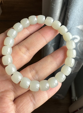新疆且末甜水河油膏料和田玉青白玉手链8mm直切珠细无暇女士首饰