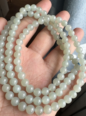 新疆和田玉且末料高青白玉108长链卡6男女手链项链多圈diy无暇