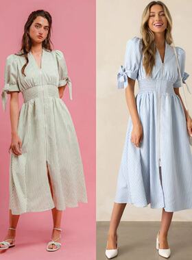 外贸单文艺en*ro纯原 双头拉链气质条纹V领泡泡袖收腰连衣裙长裙