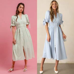 外贸单文艺en*ro纯原 双头拉链气质条纹V领泡泡袖收腰连衣裙长裙