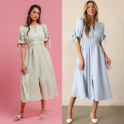 文艺条纹V领泡泡袖收腰连衣裙