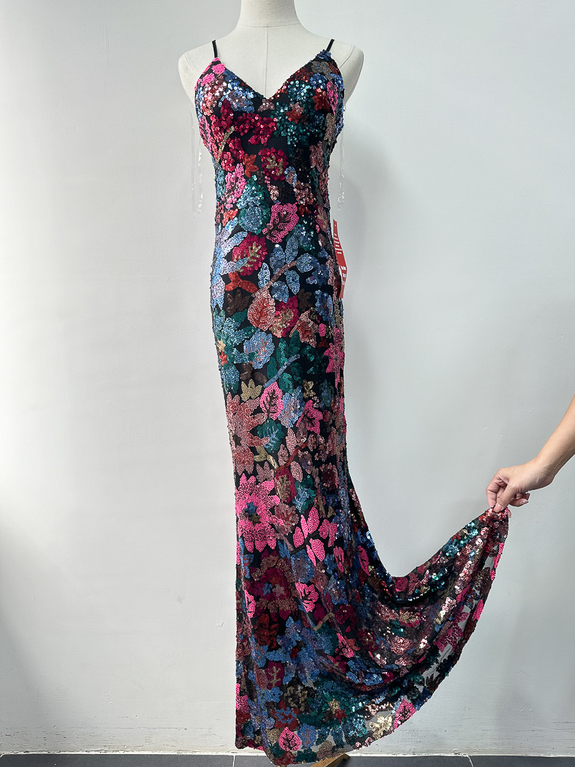 欧美风鱼尾裙亮片花朵连衣裙长裙