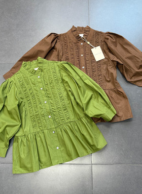 外贸单entr0纯原 法式宫廷风 小立领褶皱5/7分复古衬衫上衣