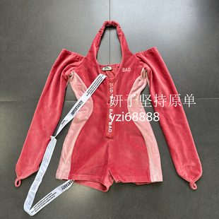 外贸BAD挂脖露肩挂脖收腰辣妹灯芯绒丝绒辣妹连体裤