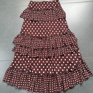 外贸单 四季 法式棕色波点雪纺半裙 轻盈灵动荷叶边半身裙长裙