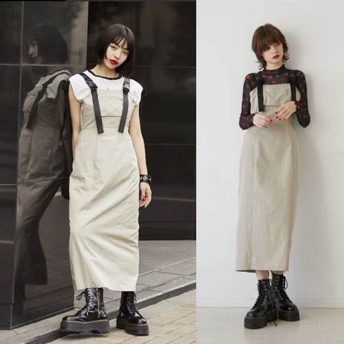 日单工装风背带裙直筒连衣裙