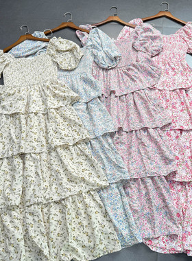 外贸单 entr0/ 二月家度假风碎花方领碎花蛋糕裙 连衣裙大长裙女