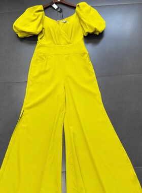 老美单FN家 黄色 泡泡袖 大方领 高腰阔腿裤 喇叭裤长裤
