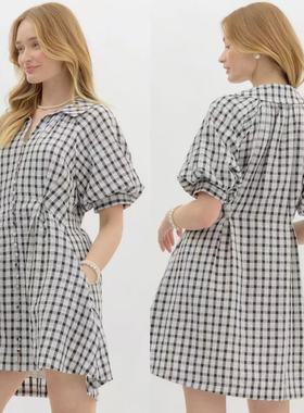 外贸单 entr0复古学院风 V领泡泡袖A字格纹连衣裙