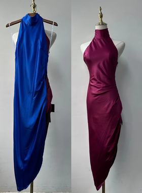 美国单lulus家挂脖大露背 收腰不规则性感收腰连衣裙缎面小礼服女