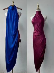 美国单lulus家挂脖大露背 收腰不规则性感收腰连衣裙缎面小礼服女