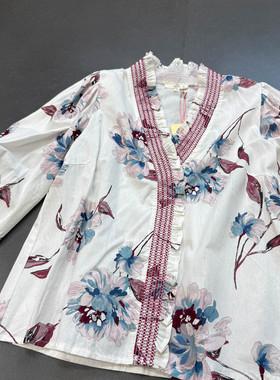 外贸单entr0纯原复古风 棉质木耳边V领印花衬衫 长袖上衣