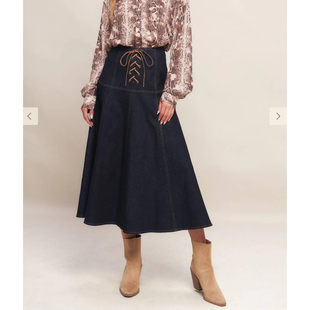 外贸单flying家靛蓝色 A字摆半身裙长裙女 复古高腰绑带A字摆伞裙