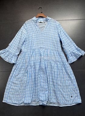 蓝色格纹连衣裙 外贸单NU家V领小立领中袖连衣裙浅蓝色格纹裙