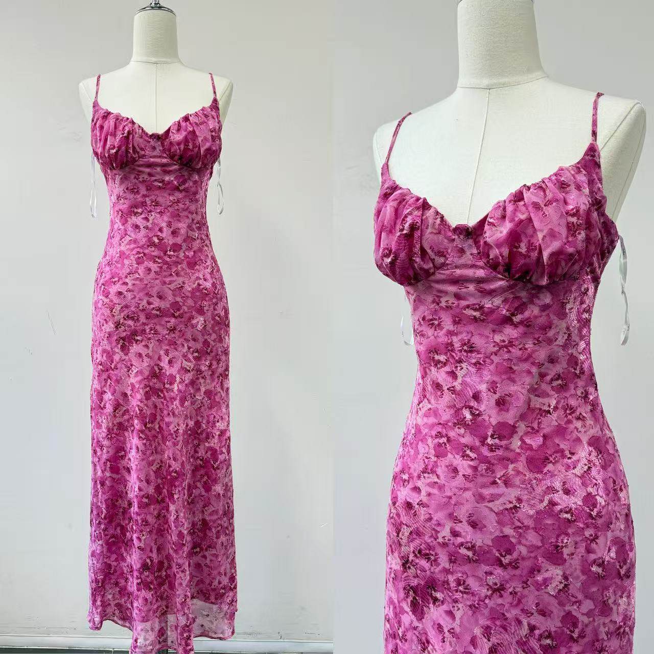 外贸单lulu家梅粉色法式收腰吊带连衣裙修身度假裙吊带连衣裙长裙