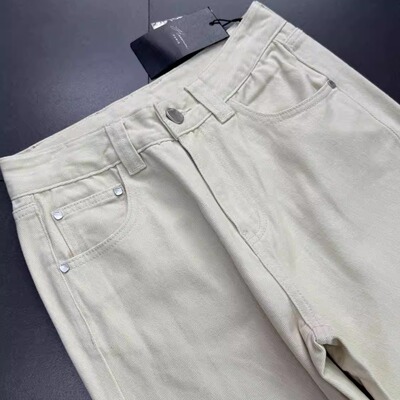 妍子家欧韩货春秋棉牛仔典雅米白色垂坠感高腰阔腿牛仔裤长裤