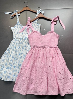 外贸单altar'd家蓝色粉色镂空绣花 精致打揽吊带A字摆mini连衣裙