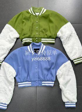 洛杉矶单Fn超高腰短款棒球服高腰露肚脐短款绿色蓝色短外套上衣女