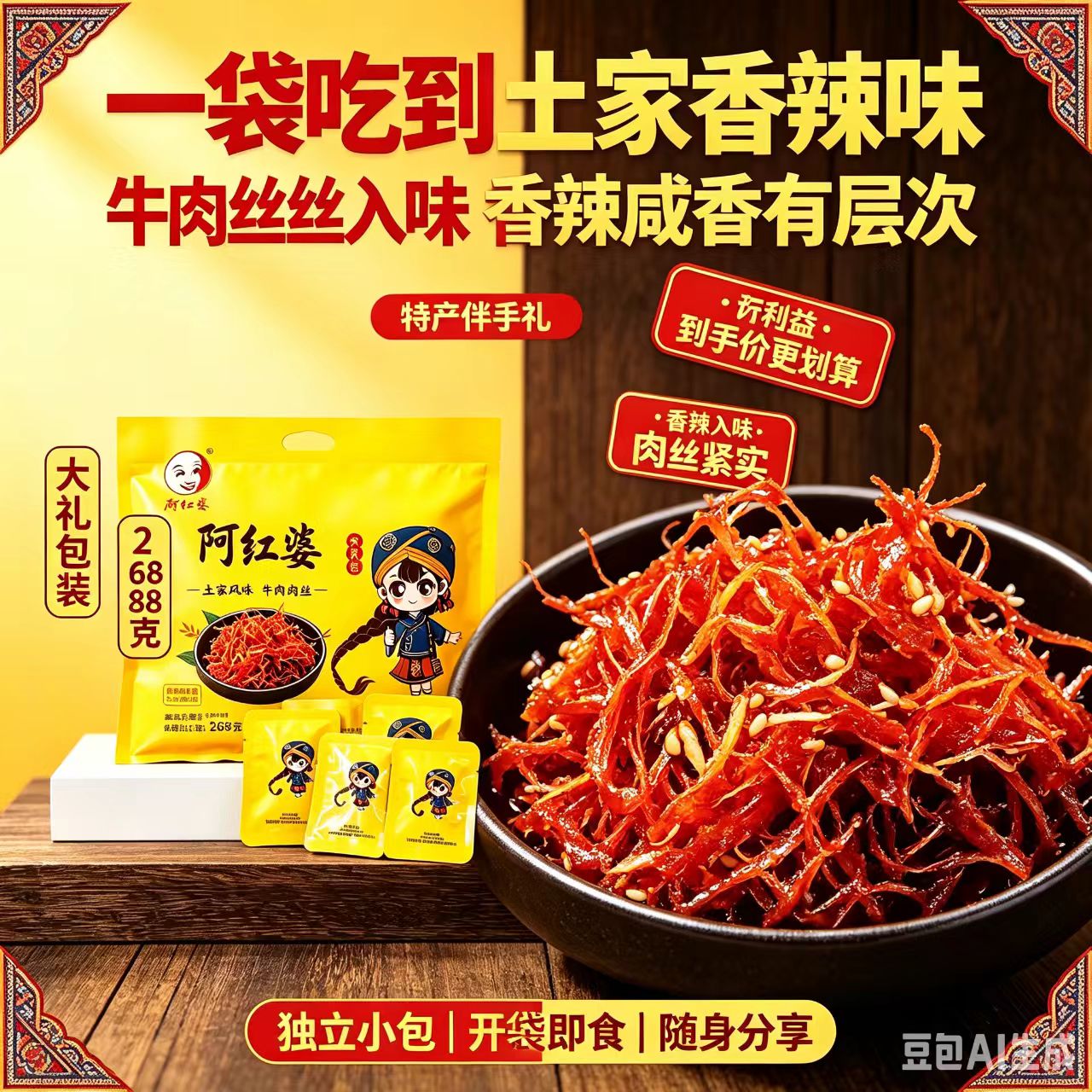 阿红婆牛肉丝268g张家界特产土家香辣手撕牛肉丝独立小包即食零食