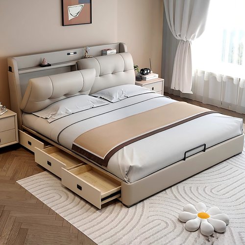 意式软包皮床带抽屉高箱2米大床