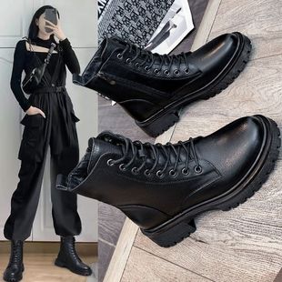 网红马丁靴女真皮秋冬靴子廋廋靴百搭修身增高短靴加绒保暖