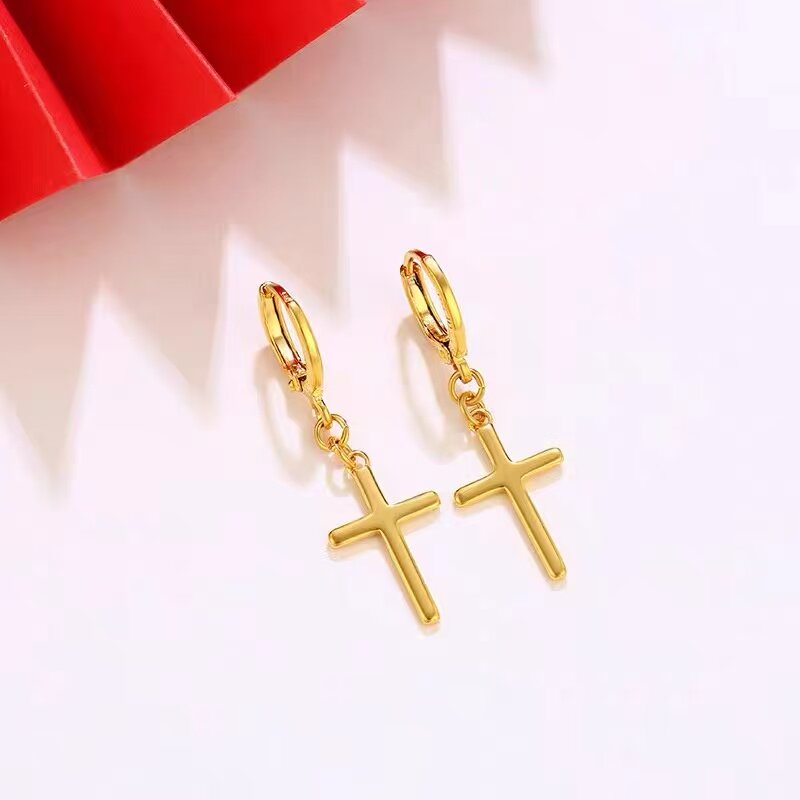 【十字架黄金耳环】仿真金耳环女耳坠欧美时尚耳饰结婚送礼情人节