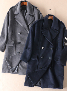 秋冬加厚防风保暖韩版学院风中长款毛呢外套女双排扣风衣 WD3397