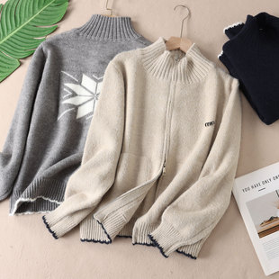 570克美式 上衣WA379 休闲慵懒立领双拉链毛衣外套女秋雪花针织开衫